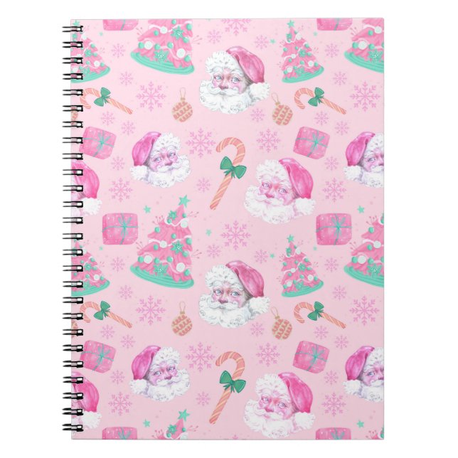 Pink Christmas Santa Clau & Tree Seamless Pattern Notebook (Front)