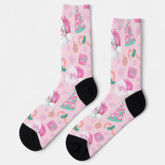 Pink Christmas Santa Clau & Tree Seamless Pattern Socks