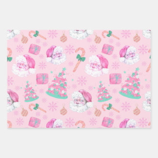 Pink Christmas Santa Clau & Tree Seamless Pattern Wrapping Paper Sheet