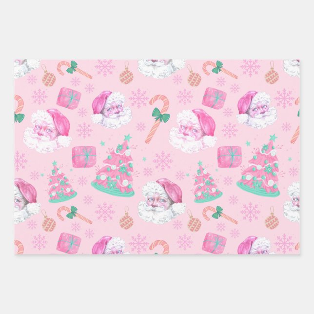 Pink Christmas Santa Clau & Tree Seamless Pattern Wrapping Paper Sheet (Front)