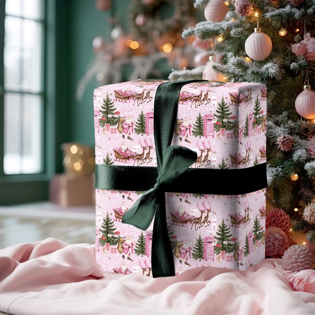 Pink Christmas Santa Reindeer North Pole Village Wrapping Paper (Pink Christmas Santa Reindeer North Pole Village Wrapping Paper)