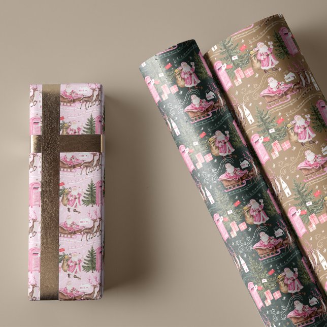 Pink Christmas Santa Reindeer North Pole Village Wrapping Paper Sheet (Pink Christmas Santa Reindeer North Pole Village Wrapping Paper Sheets)