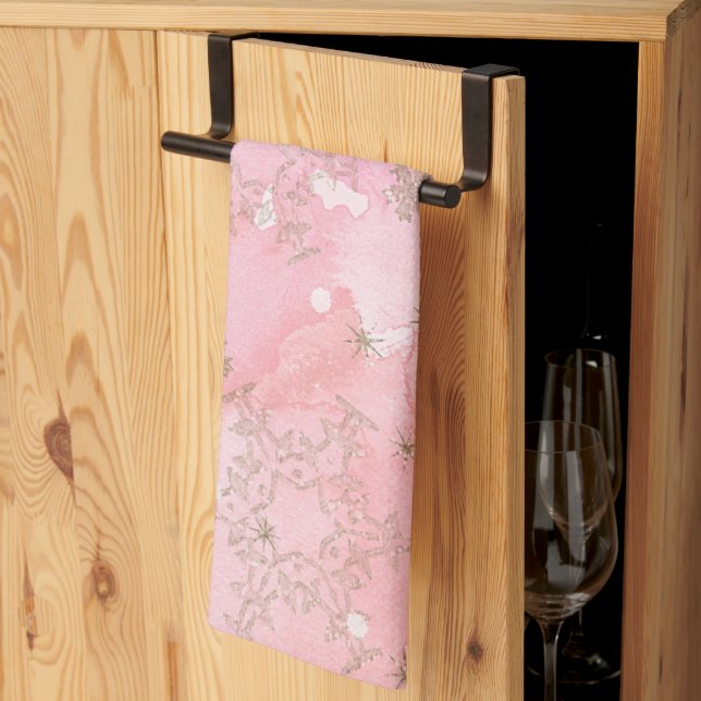 Pink Christmas Snowflakes Boho Pattern Kitchen Towel (Thirds Fold)