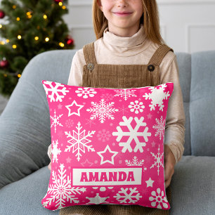 Pink Christmas Snowflakes Pattern Kids Name Throw Pillow