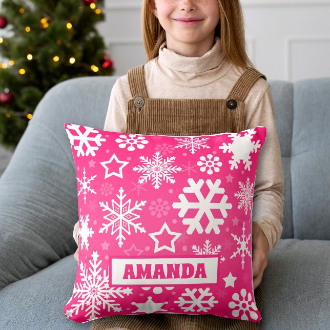 Pink Christmas Snowflakes Pattern Kids Name Throw Pillow (Creator Uploaded)
