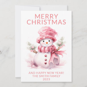 Pink Christmas Snowman Holiday Card