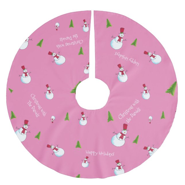  Pink Christmas Snowman Personalized Brushed Polyester Tree Skirt (Front)