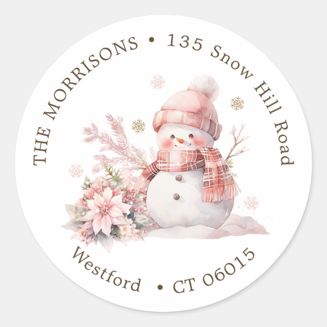 Pink Christmas Snowman return address label (Front)