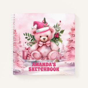 Pink Christmas Teddy Bear Kids Sketchbook  Notebook