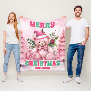 Pink Christmas Teddy Bear Personalized Kids Name Fleece Blanket