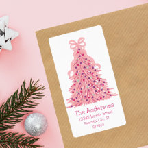 Pink Christmas Tree and Bow Return Address 