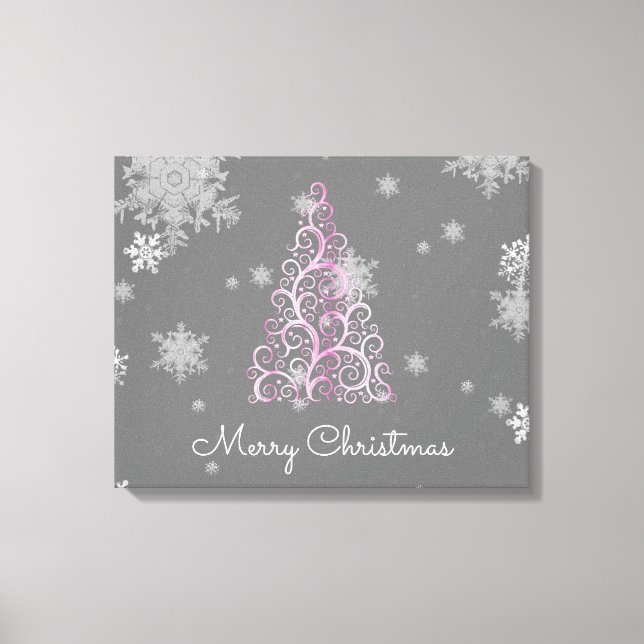 Pink Christmas Tree and Snowflakes Canvas Print (Front)
