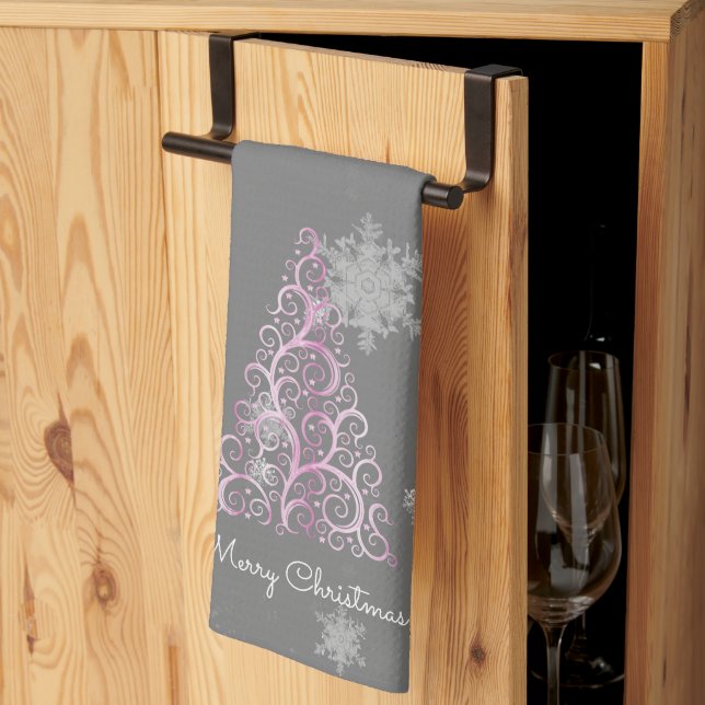 Pink Christmas Tree and Snowflakes Kitchen Towel (Thirds Fold)