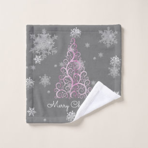Pink Christmas Tree and Snowflakes Towel Set