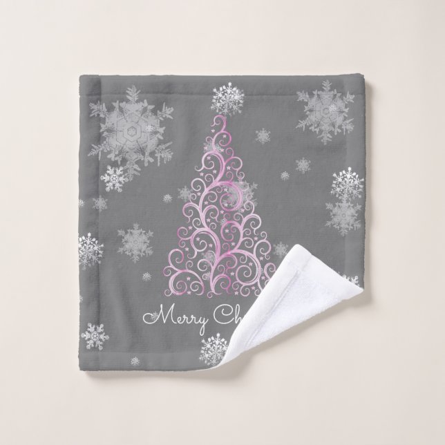 Pink Christmas Tree and Snowflakes Towel Set (Wash Cloth)