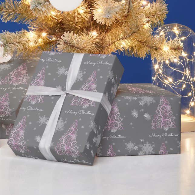 Pink Christmas Tree and Snowflakes Wrapping Paper (Holidays)
