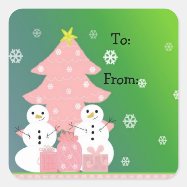 Pink Christmas Tree and Snowmen Square Sticker (Front)
