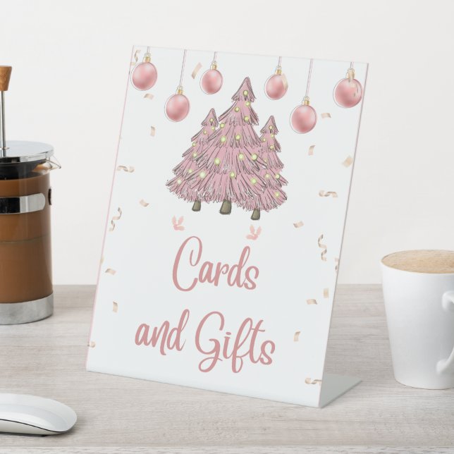 Pink Christmas Tree Baby Shower Cards & Gifts Pedestal Sign (In SItu)