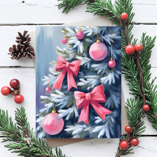 Pink Christmas Tree Bows Ornaments Watercolor Holiday Postcard