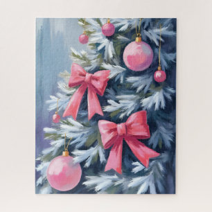 Pink Christmas Tree Bows Ornaments Watercolor Jigsaw Puzzle