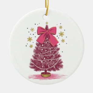 Pink Christmas Tree Coquette Bow Xmas Holiday Ceramic Ornament