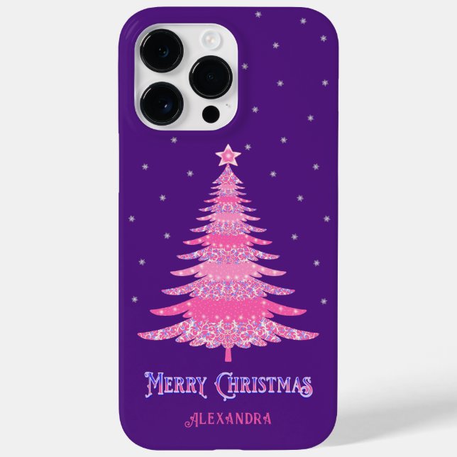 Pink Christmas Tree Custom Name Purple Case-Mate iPhone Case (Back)