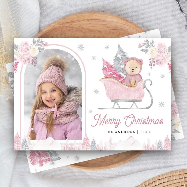 Pink Christmas Tree Cute Teddy Arch Photo Holiday Card (Creator Uploaded)