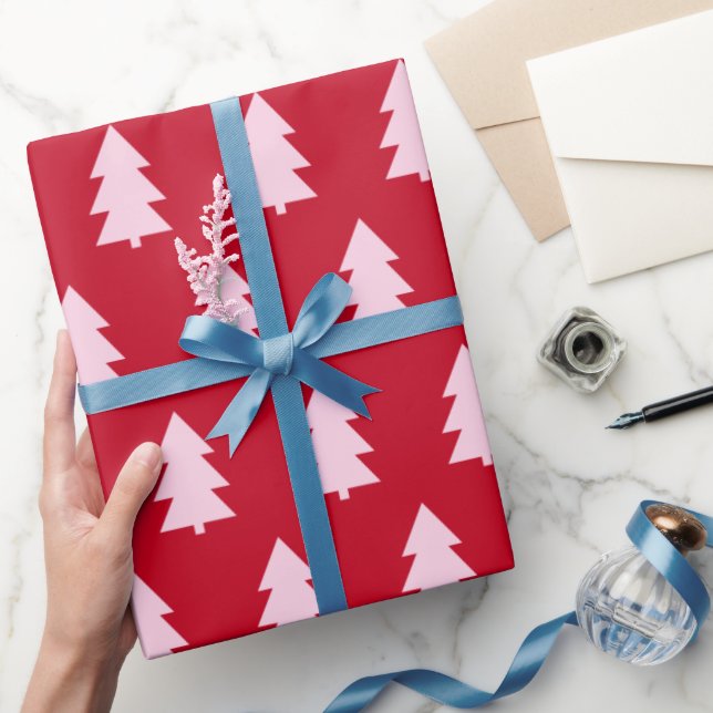 Pink Christmas Tree Dark Red Wrapping Paper (Gifting)