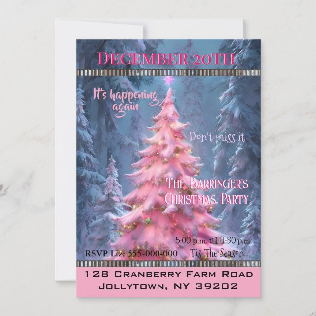 Pink Christmas Tree Fun Elegant Chic Party Invitation (Front)