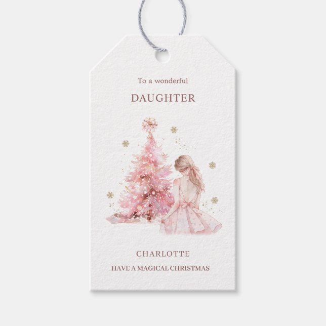 Pink Christmas Tree Girl  Gift Tags (Front)