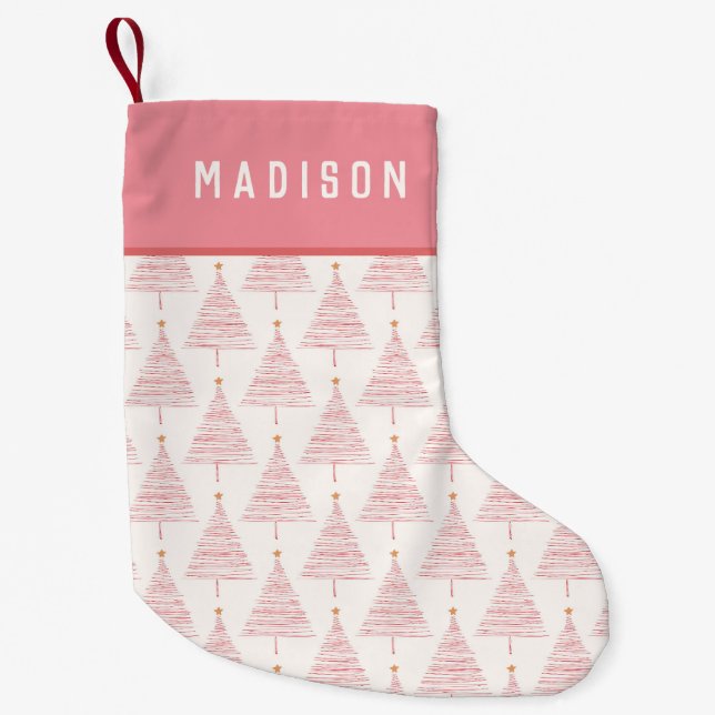 Pink Christmas Tree Girly Modern Personalized Name Small Christmas Stocking (Front)