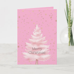 Pink Christmas Tree Gold Snowflakes Card