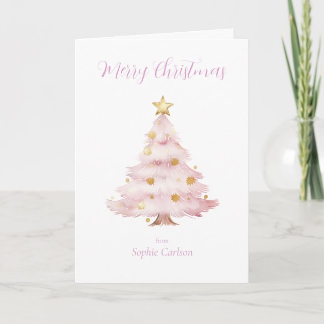 Pink Christmas Tree  Holiday Card (Front)
