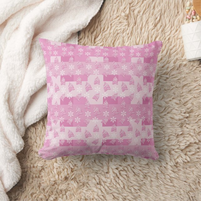 Pink Christmas Tree Illustration Throw Pillow (Blanket)