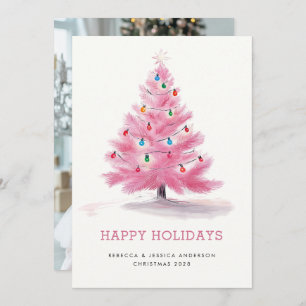 Pink Christmas Tree Modern Custom Photo Holiday Card