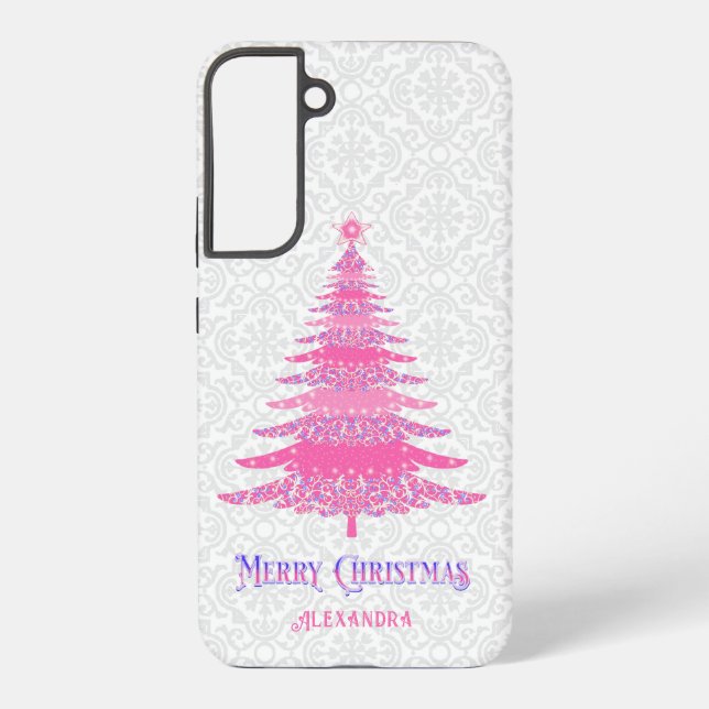 Pink Christmas Tree Name Custom Elegant Modern Samsung Galaxy S22+ Case (Back)