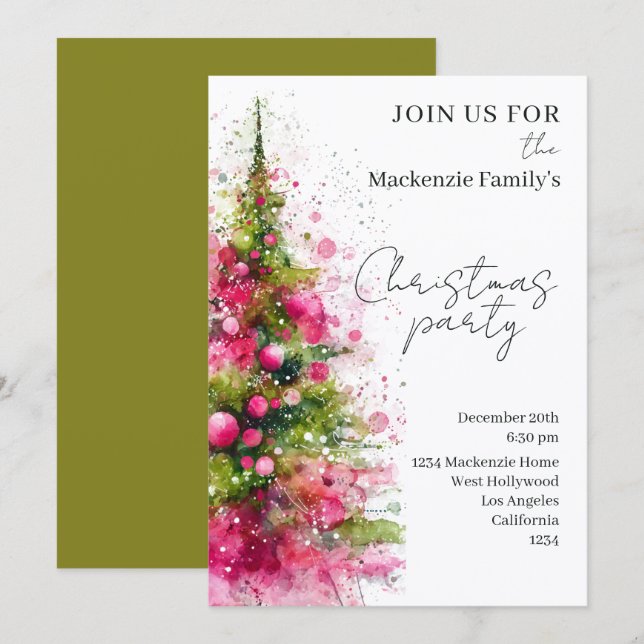  Pink Christmas Tree Party Personalized Invitation (Front/Back)