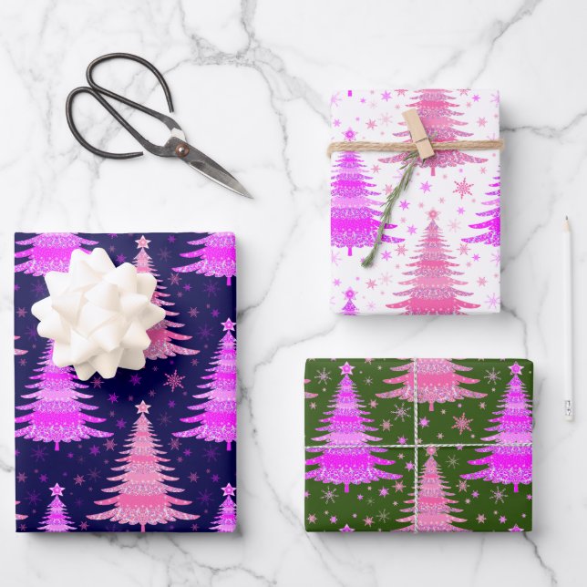 Pink Christmas Tree Pattern Design  Wrapping Paper Sheet (Front)