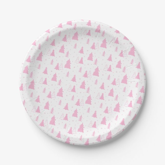 Pink Christmas Tree Pattern Paper Plate (Front)