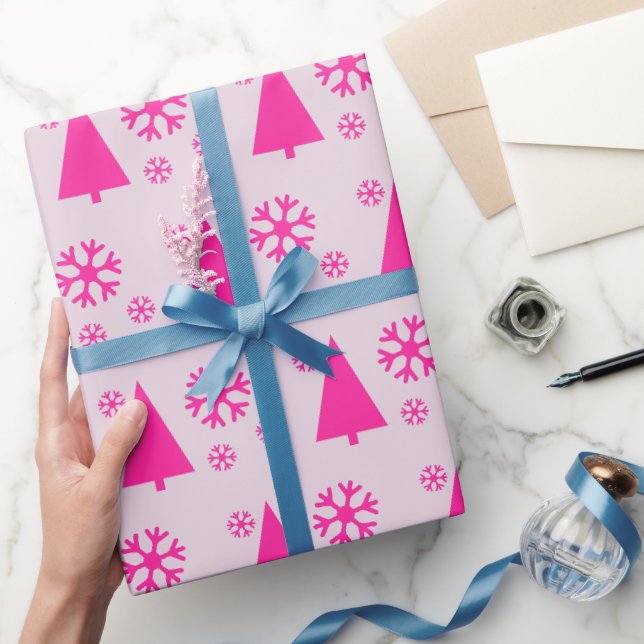 Pink Christmas Tree Snowflakes Wrapping Paper (Gifting)