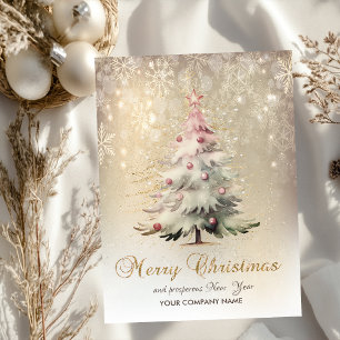 Pink Christmas Tree Stars Snowflakes Holiday Card