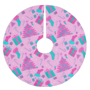 Pink Christmas tree stocking candy cane presents Brushed Polyester Tree Skirt
