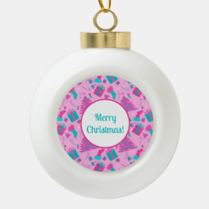 Pink Christmas tree stocking candy cane presents Ceramic Ball Christmas Ornament