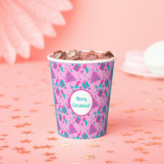 Pink Christmas tree stocking candy cane presents Paper Cups (Insitu)