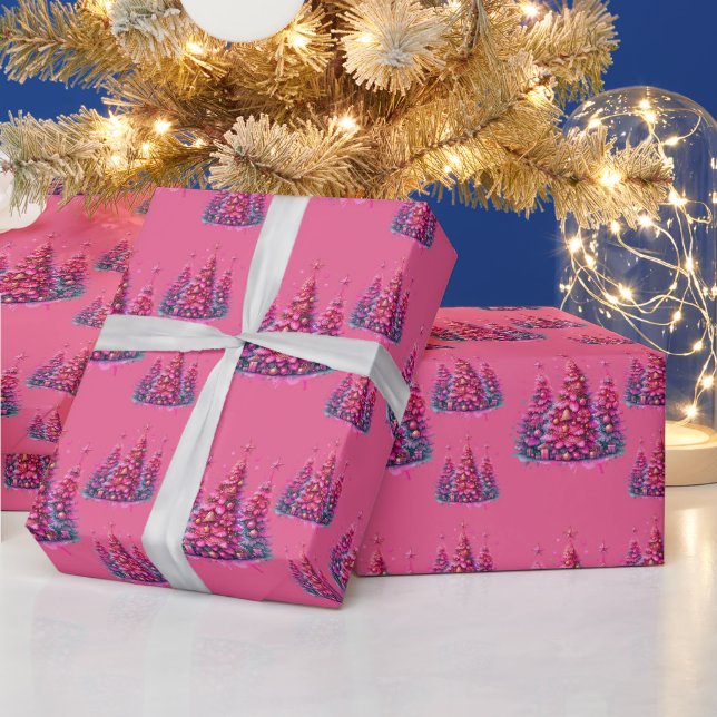 Pink Christmas Tree Trendy Preppy Aesthetic Wrapping Paper (Holidays)