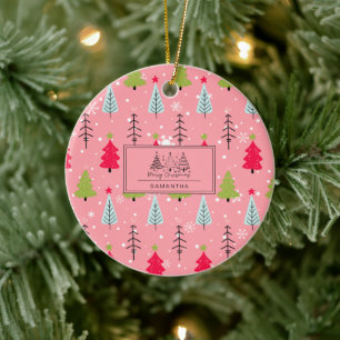Pink Christmas Tree Whimsical Holiday Pattern Ceramic Ornament