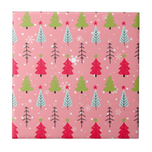 Pink Christmas Tree Whimsical Holiday Pattern Tile