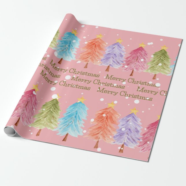 Pink Christmas Tree Wrapping Paper (Unrolled)
