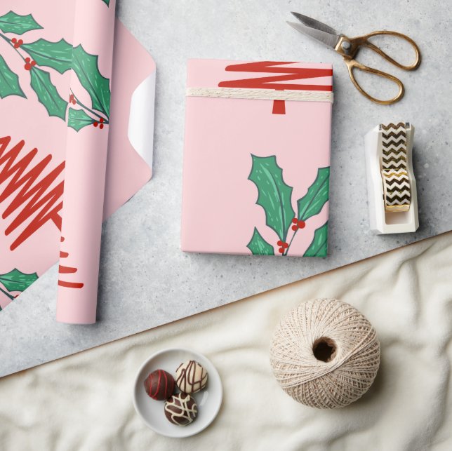 Pink Christmas trees and holly's  Wrapping Paper (Crafts)