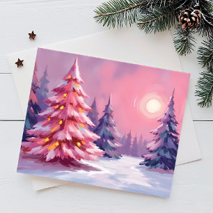 Pink Christmas Trees Pastel Winter Watercolor Holiday Postcard